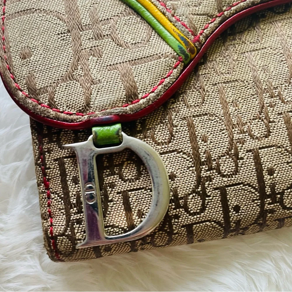 CHRISTIAN DIOR 🤍 Y2K 💙 DIORISSIMO CANVAS RASTA SADDLE WALLET ❤️ RARE 💛